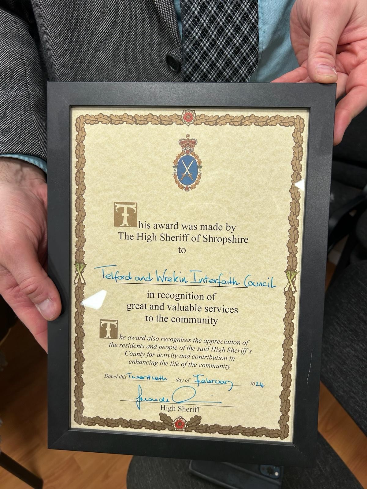 Presentation of the High Sheriff of Shropshire recognition to the Interfaith Council
